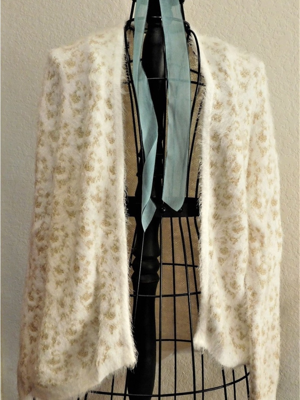 XOXO Cream and Gold Fuzzy Open Cardigan Sweater